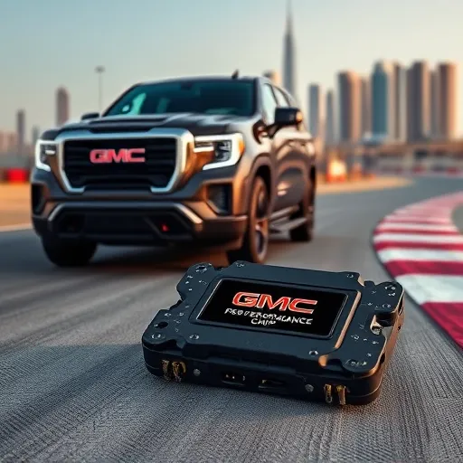 مركبة GMC تسابق على مضمار في دبي، مع تركيز على شريحة أداء المحرك، تظهر دمج الأداء العالي والتقنية الحديثة للسيارات.