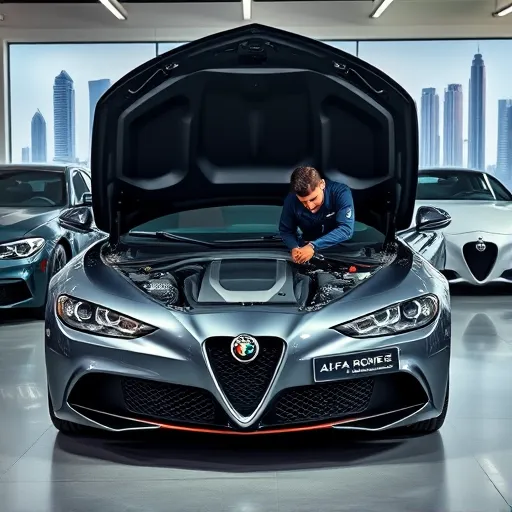 A technician repairing the AC condenser of an Alfa Romeo in a Dubai workshop, with the city's skyline in the background.