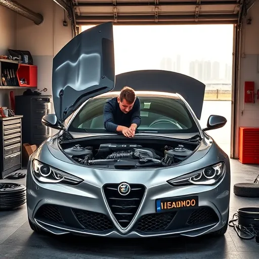 A mechanic working on an Alfa Romeo car's AC evaporator core in a Dubai workshop, with tools and the city skyline in the background.
