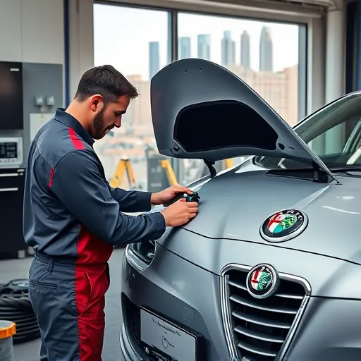 A technician checking the AC system of an Alfa Romeo in Dubai, with tools on the workbench and the city's skyline in the background.