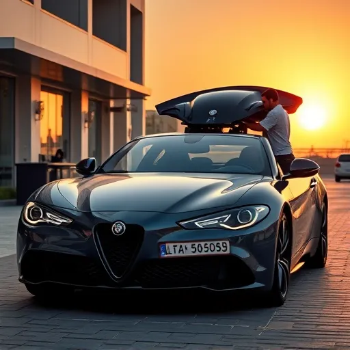 A mechanic servicing the air conditioning system of an Alfa Romeo in a picturesque Dubai setting during sunset.