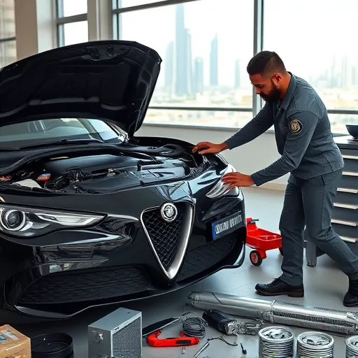 A technician repairing the air conditioning condenser of an Alfa Romeo car in a garage, with the Dubai skyline visible outside.