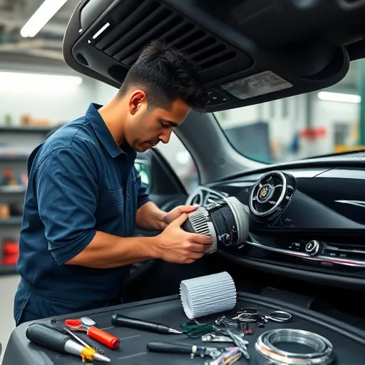 A mechanic repairing the air conditioning evaporator of an Alfa Romeo in a Dubai workshop, highlighting automotive tools and the car's interior.