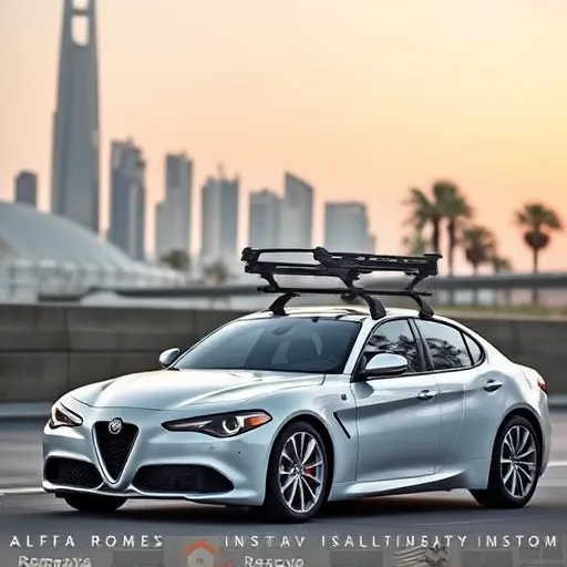 Alfa Romeo with a roof rack installed, set against the skyline of Dubai, demonstrating the process of installation and removal.