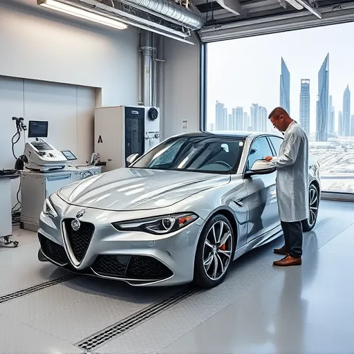 A technician calibrating the Advanced Driver Assistance Systems (ADAS) of an Alfa Romeo vehicle in a modern workshop in Dubai, with city skyline in the background.