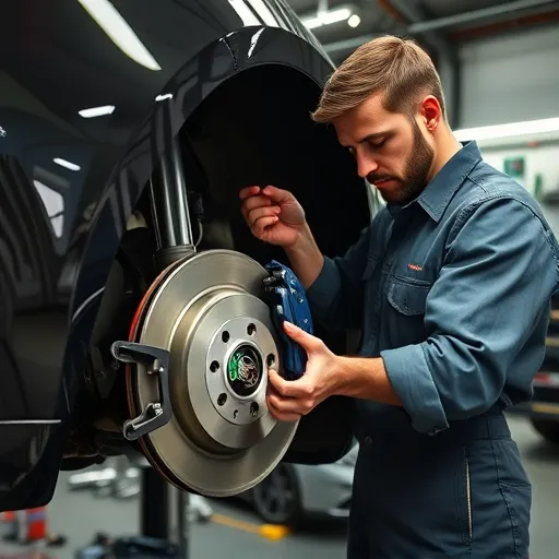 A mechanic performing brake pad replacement on an Alfa Romeo vehicle in a well-equipped garage, emphasizing automotive service and maintenance.