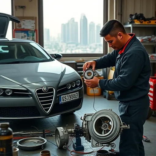 A mechanic performing water pump replacement on an Alfa Romeo car inside a workshop, with Dubai's skyline in the background.