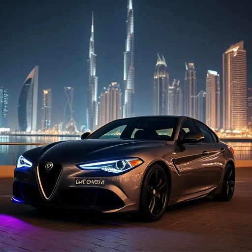 Custom illuminated Alfa Romeo car in Dubai at night, featuring unique exterior lighting modifications with a backdrop of the Dubai skyline.