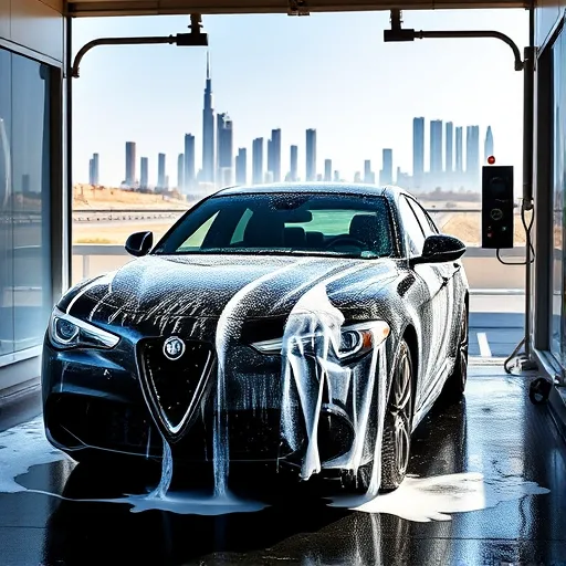 A luxury Alfa Romeo car undergoing a steam cleaning process at a car wash in Dubai, surrounded by sparkling water and a bustling city backdrop.