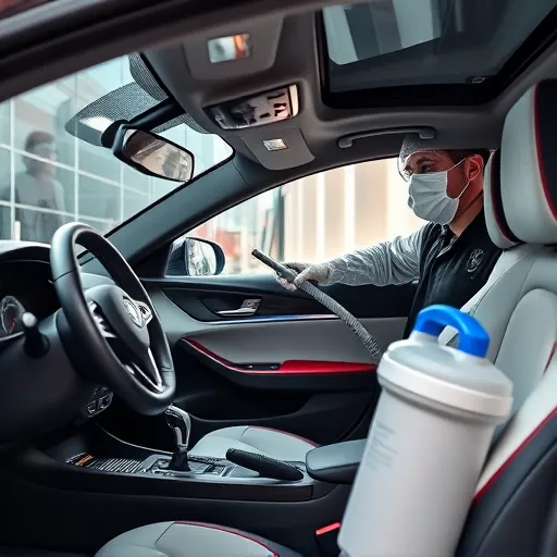A professional technician sanitizing the interior of an Alfa Romeo car in Dubai, highlighting the clean and disinfected surfaces.