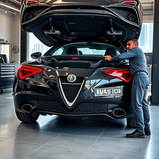 An Alfa Romeo in a Dubai garage, newly coated for undercoating and rust protection, with tools and the city skyline in the background.