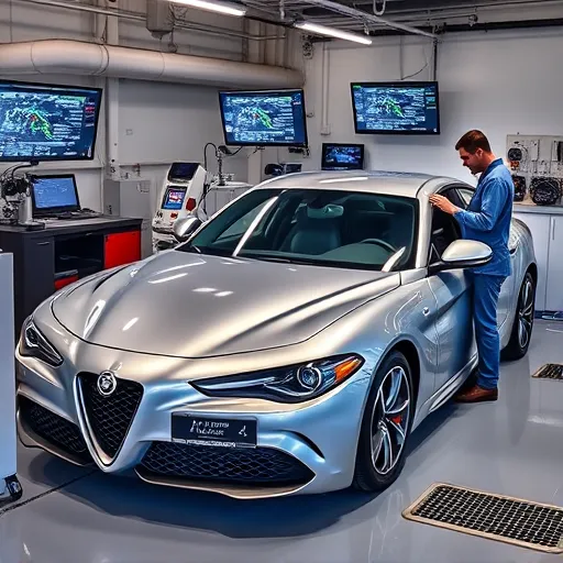A technician performing advanced diagnostic scans on an Alfa Romeo vehicle in a high-tech workshop in Dubai, showcasing sophisticated automotive equipment and digital displays.