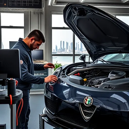 A technician performing engine diagnostics on an Alfa Romeo vehicle in a Dubai workshop, featuring diagnostic tools and equipment.