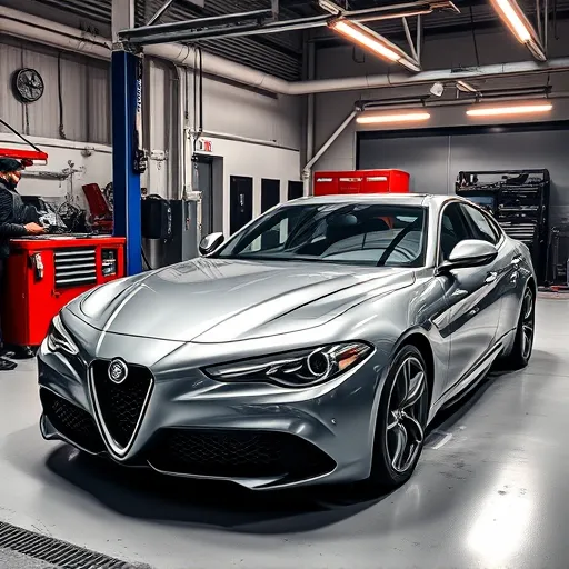 A mechanic replacing the battery of an Alfa Romeo car in a modern workshop in Dubai, surrounded by advanced automotive tools.