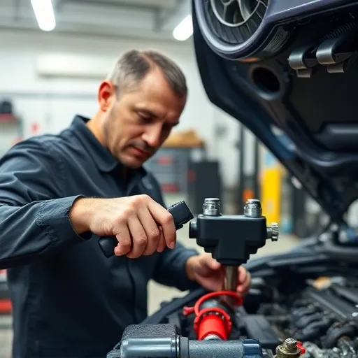 A mechanic examining an Alfa Romeo ignition coil in a well-equipped workshop in Dubai, highlighting the testing process with various automotive tools nearby.