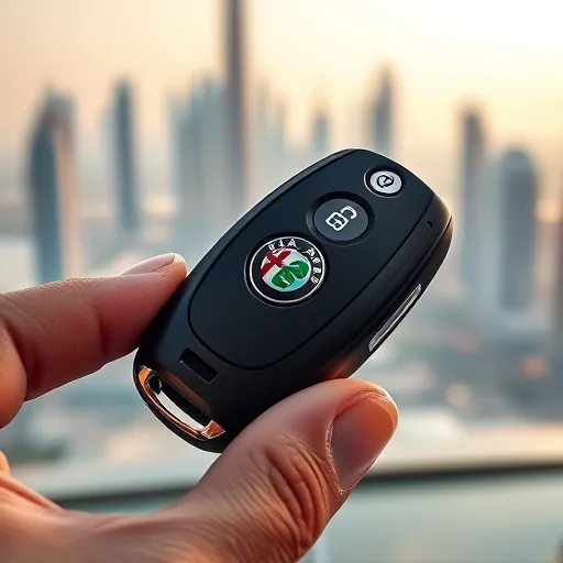 Close-up of an Alfa Romeo key fob with the battery compartment opened, showcasing the battery replacement process, with Dubai's skyline in the background.