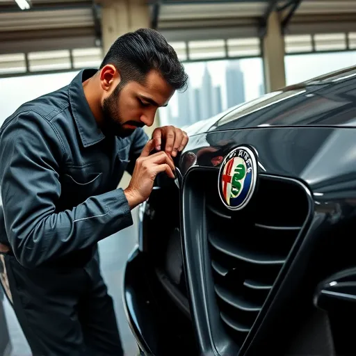 A mechanic working on the parking sensor of an Alfa Romeo vehicle in a Dubai auto repair shop.