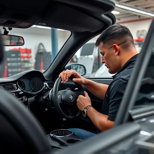 A mechanic repairing the window regulator of an Alfa Romeo vehicle in a professional workshop in Dubai.
