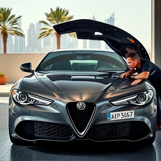 A mechanic performing engine oil sludge cleaning on an Alfa Romeo vehicle in a modern Dubai garage, with the city skyline visible outside.