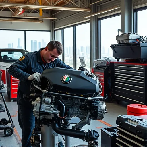 A mechanic repairing an Alfa Romeo engine in a Dubai workshop, showcasing the intricate details of the engine and tools.