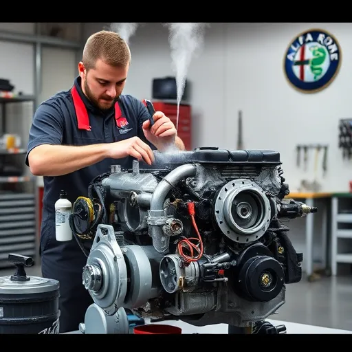 A mechanic cleaning an Alfa Romeo engine in a well-equipped workshop using steam and degreasing agents.
