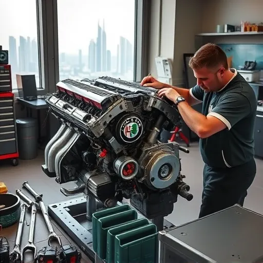 A mechanic repairing an Alfa Romeo V8 engine in a Dubai workshop, highlighting the engine's intricate components and the city skyline in the background.