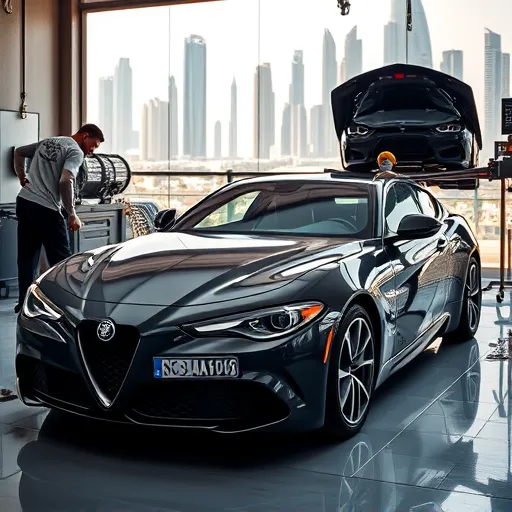 A mechanic working on an Alfa Romeo car's exhaust pipe in a Dubai workshop, with the city's skyline visible in the background.