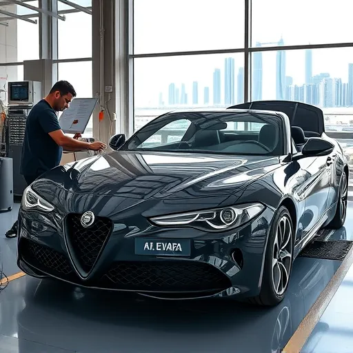 A technician inspecting the EVAP system of a sleek Alfa Romeo car in a modern Dubai automotive workshop, showcasing advanced leak detection equipment.
