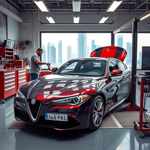 An Alfa Romeo car being serviced in a modern auto workshop in Dubai, with a mechanic at work and the city skyline in the background.