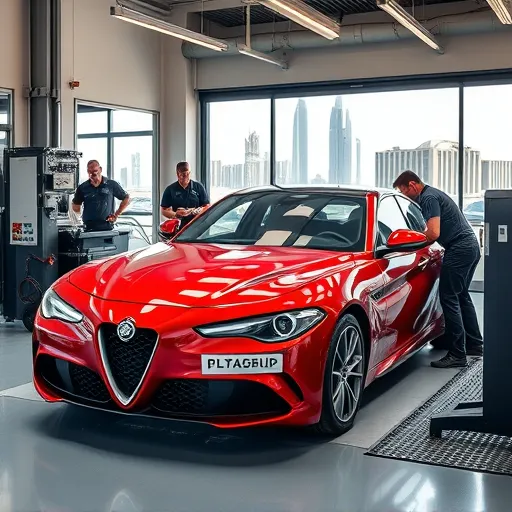 An Alfa Romeo hybrid vehicle undergoing calibration and diagnostics service in a high-tech workshop in Dubai, with technicians at work and the Dubai skyline in the background.