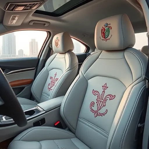 Luxurious Alfa Romeo car interior featuring custom embroidered seats and upholstery service, set against a backdrop of Dubai's skyline.