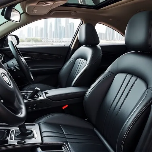 An elegantly detailed interior of an Alfa Romeo, highlighting pristine leather seats and a shiny dashboard, with the Dubai skyline visible in the background.