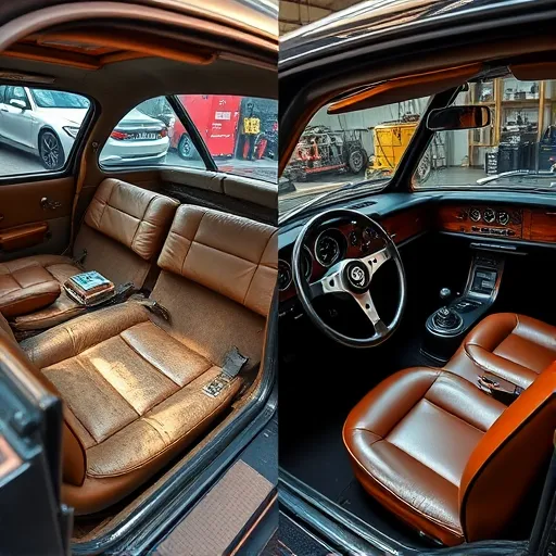 Before and after restoration of an Alfa Romeo interior, showing a worn-out left side and a beautifully restored right side in a Dubai workshop.