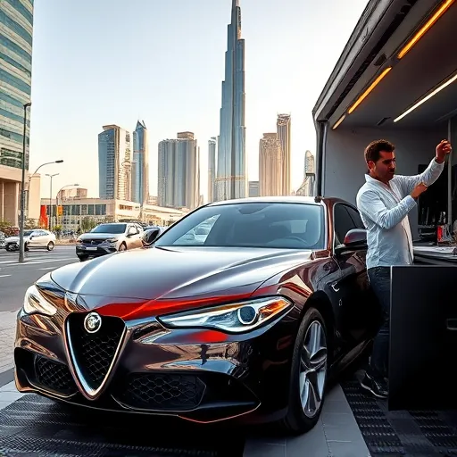 A technician performing mobile diagnostics and repairs on an Alfa Romeo car in Dubai, with the city skyline in the background.