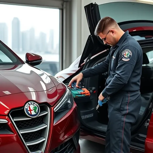A technician replacing a battery in an Alfa Romeo car in a garage with the Dubai skyline in the background.