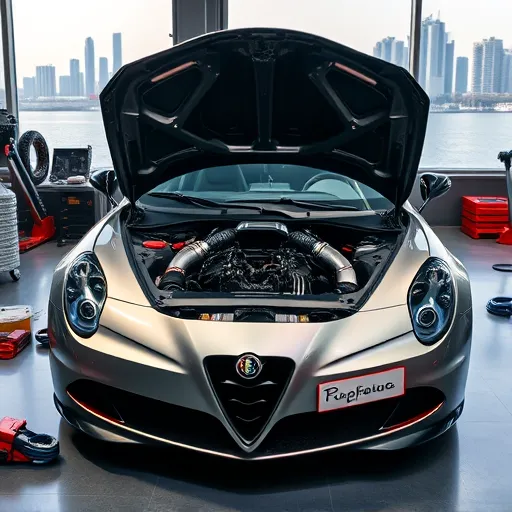 An Alfa Romeo car with its hood open, revealing a 2JZ engine swap inside a Dubai garage, with the city's skyline visible in the background.