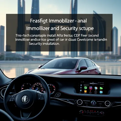 An Alfa Romeo car in Dubai with an advanced immobilizer and security system installed, featuring a digital dashboard display and modern architectural background.