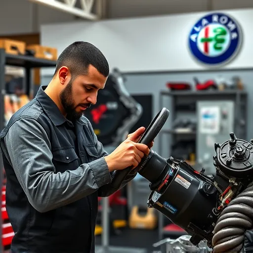 A mechanic repairing an Alfa Romeo steering box in a well-equipped workshop in Dubai, showcasing automotive tools and parts.