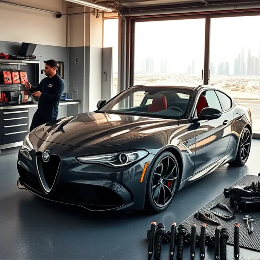 A mechanic working on an Alfa Romeo car in a Dubai service center, replacing shock absorbers with tools and a city skyline in the background.
