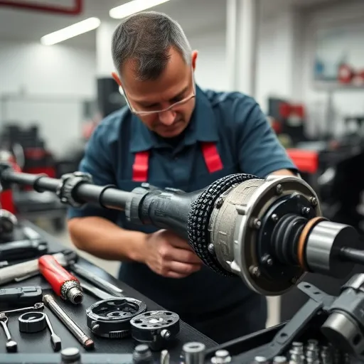 Technician repairing an Alfa Romeo steering rack in a Dubai workshop, highlighting tools and precision work.