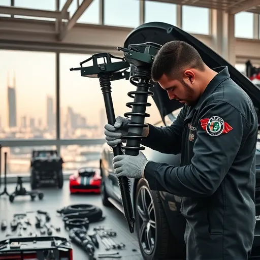 A mechanic working on an Alfa Romeo strut assembly in a Dubai workshop, with tools and the city skyline visible in the background.