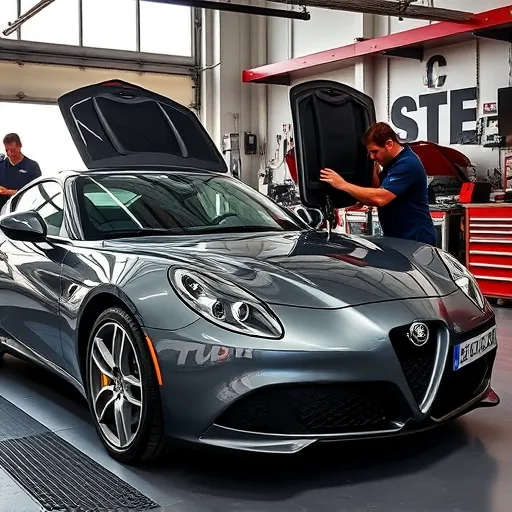 A mechanic repairing the suspension of an Alfa Romeo in a modern Dubai garage, highlighting automotive service and expertise.