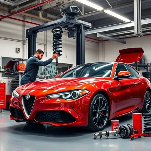 A mechanic repairing the suspension and shock absorbers of an Alfa Romeo in a Dubai automotive workshop, highlighting specialized tools and equipment.