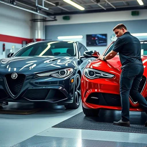A technician aligning and balancing the wheels of an Alfa Romeo car in a modern Dubai garage, with precision equipment and tools in the background.