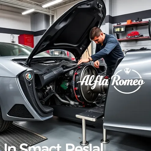 A mechanic working on the transmission and gearbox of an Alfa Romeo in a high-tech garage in Dubai.