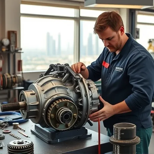 A mechanic repairing an Alfa Romeo worm gearbox in a workshop in Dubai, with tools and parts spread out, and the Dubai skyline in the background.