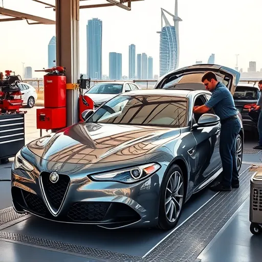 A mechanic inspecting an Alfa Romeo vehicle in a modern workshop in Dubai, with Dubai's skyline visible in the background, highlighting the vehicle's extended warranty certification process.