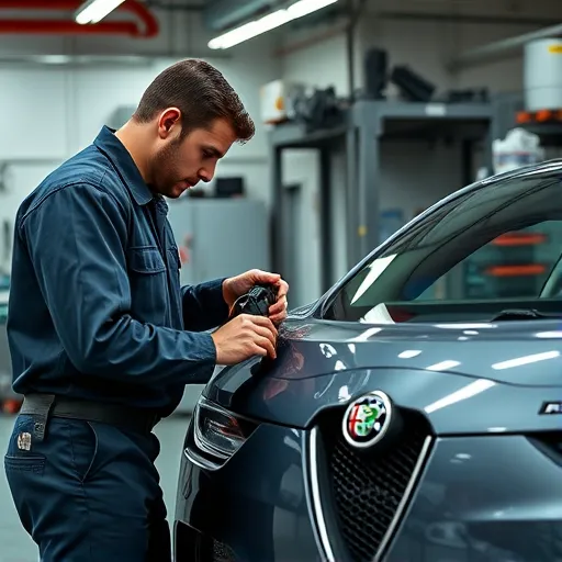 A mechanic in a Dubai workshop replacing the power window motor of an Alfa Romeo car, surrounded by automotive tools and parts.