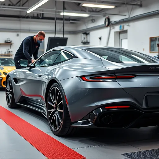 Aston Martin car in a Dubai garage, with a technician cleaning the catalytic converter, illustrating automotive maintenance and efficiency testing.