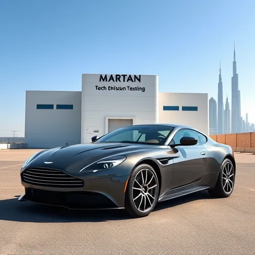 Aston Martin sports car at an emission testing facility in Dubai, showcasing luxury and environmental standards.